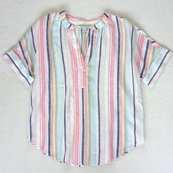 Zac & Rachel Women's Short Sleeve Pink Stripe Linen Rayon Blend V Neck Top S - Picture 4 of 12